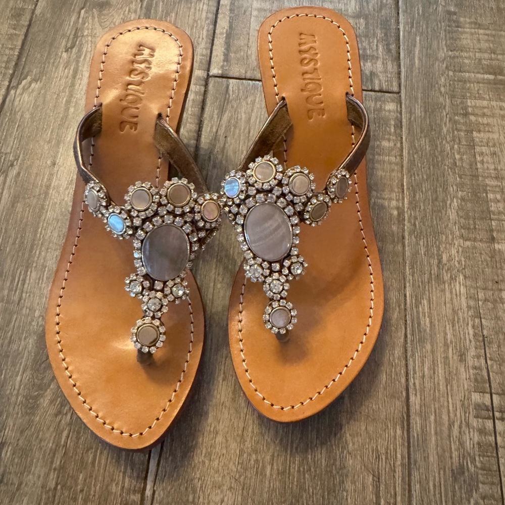 Mystique Tan Jeweled Toe-Post Sandals